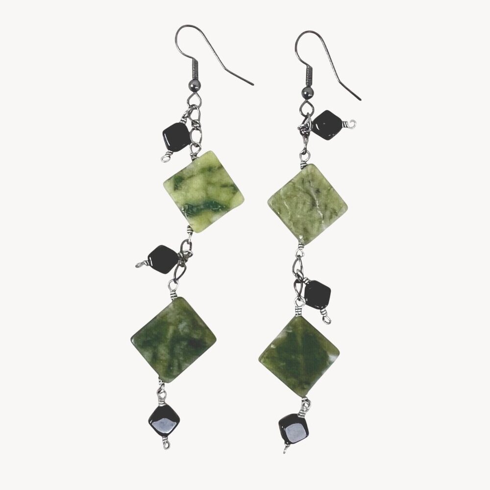 Handcrafted Green Jade & Black Onyx Dangle Earrings 4" BOHO Style EUC